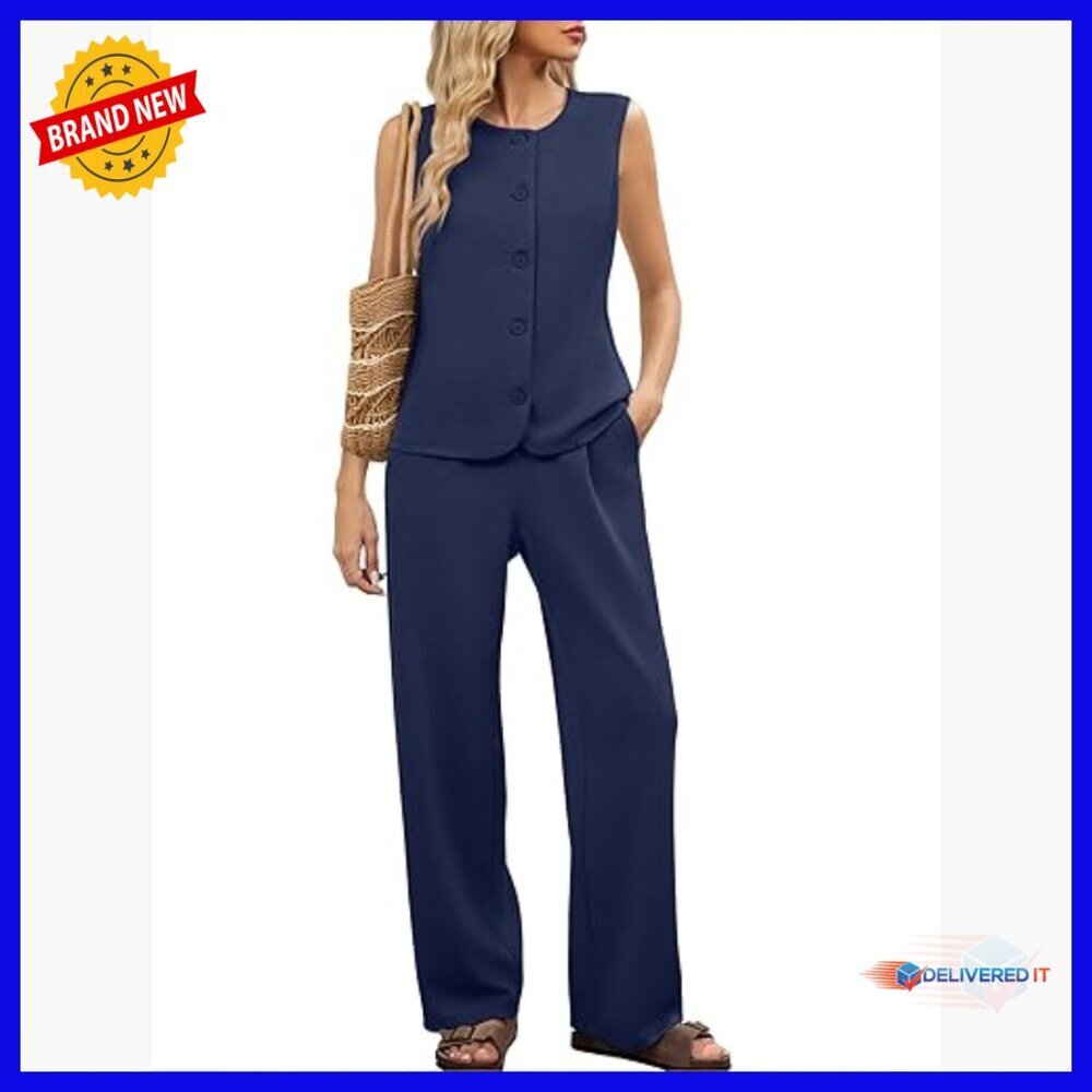 Sleeveless Vest Wide Leg Pants Matching Set Rayon Blend Work Lounge